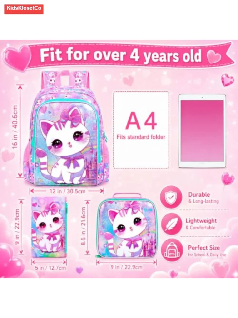 Cat Backpack Set with Lunch Box - Kids School & Travel Bag